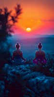 Two women meditating on rocky outcrop at sunset, silhouetted against vibrant orange and pink sky with glowing sun on horizon.