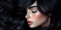 Young Asian woman with flawless glowing skin, closed eyes, and flowing black wavy hair against dark background, showcasing natural beauty and professional makeup artistry.