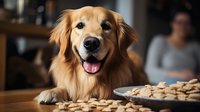 Smiling golden retriever dog looking at homemade cookies on kitchen table, expressing excitement and anticipation while waiting for treats. Pet food photography.