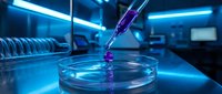 Pipette dispensing purple liquid into petri dish in modern laboratory with blue neon lighting, suitable for scientific research, biotechnology, and medical testing visuals.