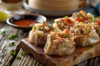 Asian dumplings garnished with green onions and chili sauce on wooden serving board, steamed potstickers with fresh herbs and dipping sauce.