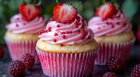 Fresh strawberry cupcakes with pink buttercream frosting topped with fresh berries and red sprinkles, served on dark surface with raspberries and green background.