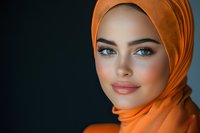 Middle Eastern woman wearing orange hijab smiles confidently against dark background, showcasing natural makeup and bright blue eyes. Modern fashion portrait.
