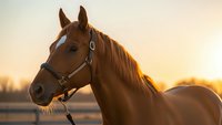Chestnut horse with flowing mane in golden sunset light wearing halter in peaceful countryside setting for equestrian and ranch lifestyle content.
