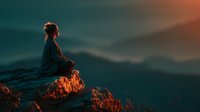 Silhouette of contemplative person sitting on rocky mountain peak during golden hour sunset with dramatic sky and distant mountain ranges creating peaceful meditation scene.