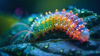 Colorful caterpillar with spiky bristles glowing in vibrant rainbow colors against dark background with water drops, macro nature photography in mystical atmosphere.