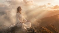 Young woman in white dress meditating on mountain peak at golden sunset with dramatic clouds and warm light for wellness and spiritual content.