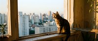 Tabby cat sitting on windowsill gazing at urban cityscape during golden hour, warm sunlight streaming through window, high-rise apartment view.