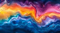 Colorful fluid art with vibrant swirls of purple, blue, orange, and yellow resembling cosmic nebula or ocean waves with gold accents.