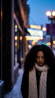 Young African American woman with curly hair wearing knit scarf walking on snowy city street at dusk with warm bokeh lights creating cozy winter urban atmosphere.