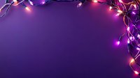Glowing Christmas lights border on purple background with copy space. Festive holiday string lights creating corner frame decoration.