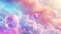 Magical glowing soap bubbles floating in dreamy pink and blue sky with ethereal clouds and sparkling light effects, creating surreal atmospheric background.