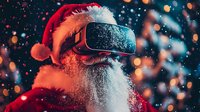 Senior man in Santa costume wearing virtual reality headset against festive bokeh lights and falling snow, creating modern holiday atmosphere.