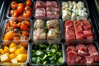 Assorted fresh produce and raw meats displayed in metal containers at butcher shop or market counter, featuring tomatoes, potatoes, meatballs, beef cuts and vegetables for food service.