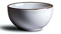 Elegant white ceramic bowl with gold rim on white background, minimalist tableware for modern dining presentation.