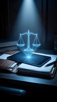 Glowing neon scales of justice hologram emerging from smartphone on desk with legal documents and notebooks, symbolizing digital law, online legal services, and technology-driven justice.