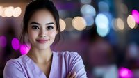 Young Southeast Asian woman with long dark hair wearing lavender shirt smiling at camera against blurred neon city lights bokeh background at night.