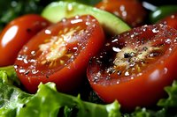 Fresh tomato and avocado salad with water droplets on green lettuce leaves, healthy vegetarian meal ready for organic food photography and cooking blogs.