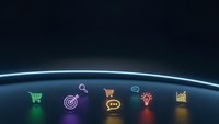 Colorful neon business icons floating above curved surface in dark space representing e-commerce, analytics, communication and marketing concepts.