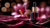Luxury cosmetic serum bottle on burgundy velvet with glitter sparkles and pink lily flower in soft focus background creates elegant beauty product scene.