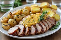 Sliced tender pork tenderloin with mustard sauce, served alongside golden roasted potatoes and fresh rosemary sprigs on white plate, close-up food photography.