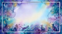 Whimsical cat silhouettes frame with colorful watercolor galaxy background, stars and moons for pet-themed designs, greeting cards and creative projects.