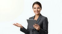Professional businesswoman in gray suit presenting with tablet, smiling confidently while gesturing. Corporate executive or consultant ready for meetings and presentations.