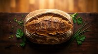 Freshly baked artisan sourdough bread loaf with crispy golden crust on rustic wooden table surrounded by fresh herbs for bakery and cooking concepts.