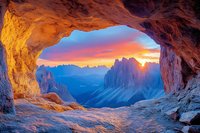 Dramatic mountain sunrise viewed through natural rock cave opening, with vibrant orange and purple sky illuminating distant peaks and valley in Dolomites landscape.