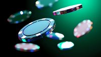 Floating casino poker chips on dark green background with dramatic lighting and depth of field effect, creating dynamic gambling atmosphere.