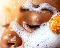 Close up view of African American woman with closed eyes and white foam facial cleanser during skincare routine, orange bath sponge visible in frame.