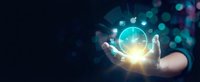 Professional businessman holding glowing digital sphere with technology icons representing innovation, connectivity and future business solutions.