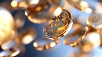 Golden bitcoin coins floating in space against blue background, macro shot with selective focus showing cryptocurrency digital money concept.