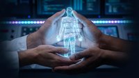 Hands holding glowing digital human hologram with futuristic technology interface, representing healthcare innovation, medical data analysis, and digital wellness solutions.