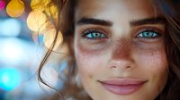 Young woman with bright blue eyes and natural freckles smiling gently against blurred bokeh lights background, close up beauty portrait showing radiant skin.