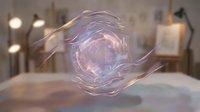 Futuristic holographic energy sphere with swirling purple and blue light effects floating above modern workspace desk with warm ambient lighting and blurred background.