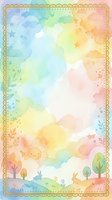 Soft watercolor pastel sky with clouds, bunnies, trees and a gold lace border, creating a dreamy children's background for cards and prints.