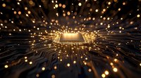 Glowing microprocessor on circuit board with radiating light trails and bokeh effects creates futuristic technology concept for computing and AI advancement.