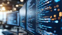 Computer code on multiple dark screens with blue programming text and blurred bokeh lights, modern software development workspace background.