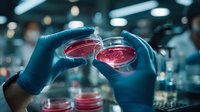 Laboratory scientist in blue protective gloves examining red culture samples in petri dishes against blurred research facility background, conducting microbiology experiment.