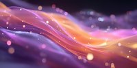 Abstract flowing waves of purple, orange and yellow light with glowing particles creating a dynamic cosmic background for technology or energy concepts.