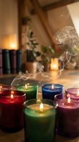 Colorful scented candles burning with smoke in cozy home interior with wooden beams and plants creating relaxing spa atmosphere for meditation and wellness.