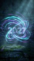 Neon glowing 2027 text with swirling cyan and purple light trails, digital code streams, and particles on dark futuristic background above rocky terrain for tech, innovation, and future concepts.