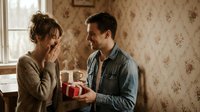 Young Caucasian couple exchanging gift in cozy vintage home interior. Man giving present to surprised woman during romantic moment together.