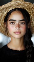 Young Asian woman with freckles wearing straw hat and black sweater, natural makeup, long dark braided hair, looking directly at camera with warm brown eyes.