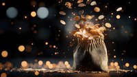 Flour explosion from rustic burlap sack with golden bokeh lights and flying particles against dark background, dramatic food photography composition.