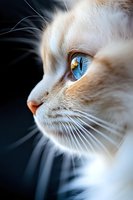 Close-up profile of white cat with striking blue eyes and reflection in pupil, soft focus whiskers and fur detail against dark background, macro photography.