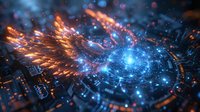 Futuristic digital network with glowing orange and blue light trails forming abstract technological patterns against dark background, depth of field effect.