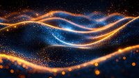 Abstract glowing waves with orange and blue light trails against dark background, sparkling particles creating dynamic flowing motion effect in space.