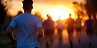 Young athletic man jogging during golden hour sunset with blurred people in background. Fitness lifestyle and outdoor exercise concept for wellness campaigns.